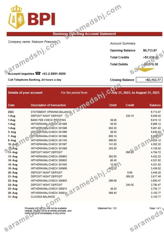 Bank of the Philippine Islands business statement Word and PDF template